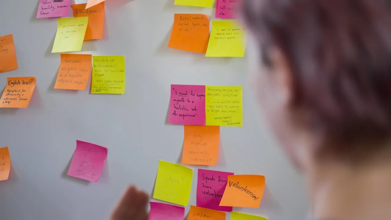 Personne organisant des notes adhésives sur un mur