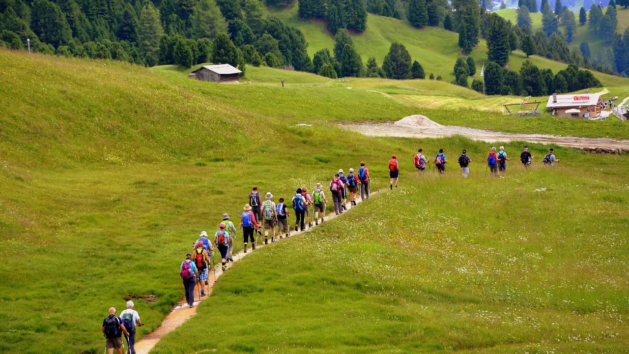 Groupe de randonneurs marchant en file sur un sentier de montagne